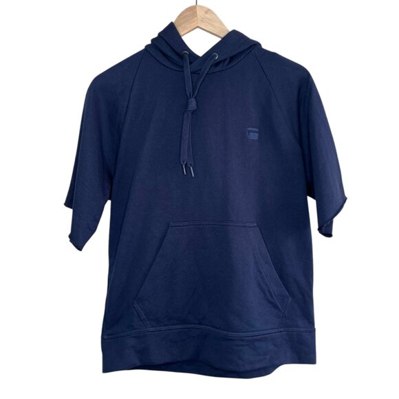 G-Star Raw Mens Tendric Stor Hooded 1/2-Sleeve Navy Blue Sweatshirt Small - Picture 1 of 11